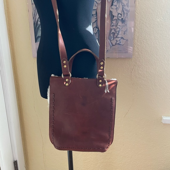 Genuine Leather Brown Crossbody Satchel Bag with Shearling Fur Trim - Picture 8 of 10